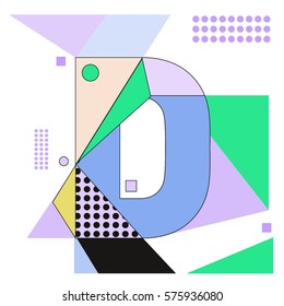 Vector Brochure design with letter D. Illustration background template for poster. Fun Holiday business catalog and magazine cover. Memphis style design visual presentation graphic elements.