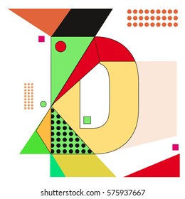 Vector Brochure design with letter D. Illustration background template for poster. Fun Holiday business catalog and magazine cover. Memphis style design visual presentation graphic elements.