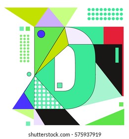 Vector Brochure design with letter D. Illustration background template for poster. Fun Holiday business catalog and magazine cover. Memphis style design visual presentation graphic elements.