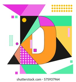 Vector Brochure design with letter D. Illustration background template for poster. Fun Holiday business catalog and magazine cover. Memphis style design visual presentation graphic elements.