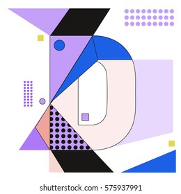 Vector Brochure design with letter D. Illustration background template for poster. Fun Holiday business catalog and magazine cover. Memphis style design visual presentation graphic elements.