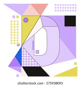 Vector Brochure design with letter D. Illustration background template for poster. Fun Holiday business catalog and magazine cover. Memphis style design visual presentation graphic elements.