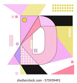 Vector Brochure design with letter D. Illustration background template for poster. Fun Holiday business catalog and magazine cover. Memphis style design visual presentation graphic elements.