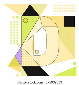 Vector Brochure design with letter D. Illustration background template for poster. Fun Holiday business catalog and magazine cover. Memphis style design visual presentation graphic elements.