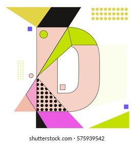 Vector Brochure design with letter D. Illustration background template for poster. Fun Holiday business catalog and magazine cover. Memphis style design visual presentation graphic elements.