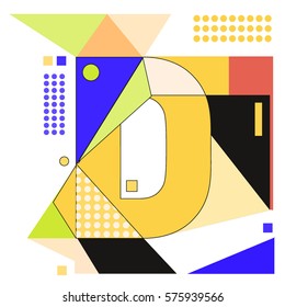 Vector Brochure design with letter D. Illustration background template for poster. Fun Holiday business catalog and magazine cover. Memphis style design visual presentation graphic elements.