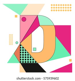 Vector Brochure design with letter D. Illustration background template for poster. Fun Holiday business catalog and magazine cover. Memphis style design visual presentation graphic elements.