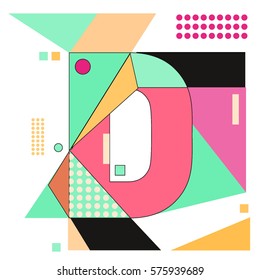 Vector Brochure design with letter D. Illustration background template for poster. Fun Holiday business catalog and magazine cover. Memphis style design visual presentation graphic elements.