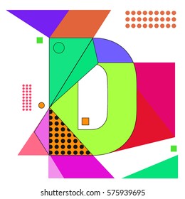 Vector Brochure design with letter D. Illustration background template for poster. Fun Holiday business catalog and magazine cover. Memphis style design visual presentation graphic elements.