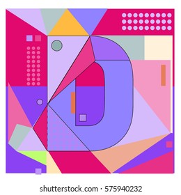 Vector Brochure design with letter D. Illustration background template for poster. Fun Holiday business catalog and magazine cover. Memphis style design visual presentation graphic elements.