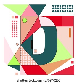 Vector Brochure design with letter D. Illustration background template for poster. Fun Holiday business catalog and magazine cover. Memphis style design visual presentation graphic elements.