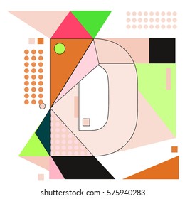 Vector Brochure design with letter D. Illustration background template for poster. Fun Holiday business catalog and magazine cover. Memphis style design visual presentation graphic elements.