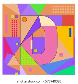 Vector Brochure design with letter D. Illustration background template for poster. Fun Holiday business catalog and magazine cover. Memphis style design visual presentation graphic elements.