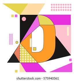 Vector Brochure design with letter D. Illustration background template for poster. Fun Holiday business catalog and magazine cover. Memphis style design visual presentation graphic elements.