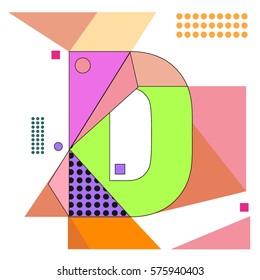 Vector Brochure design with letter D. Illustration background template for poster. Fun Holiday business catalog and magazine cover. Memphis style design visual presentation graphic elements.