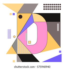 Vector Brochure design with letter D. Illustration background template for poster. Fun Holiday business catalog and magazine cover. Memphis style design visual presentation graphic elements.