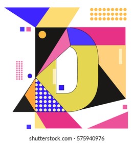 Vector Brochure design with letter D. Illustration background template for poster. Fun Holiday business catalog and magazine cover. Memphis style design visual presentation graphic elements.