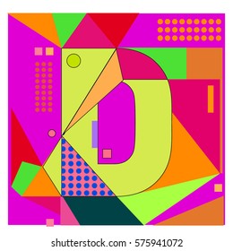 Vector Brochure design with letter D. Illustration background template for poster. Fun Holiday business catalog and magazine cover. Memphis style design visual presentation graphic elements.