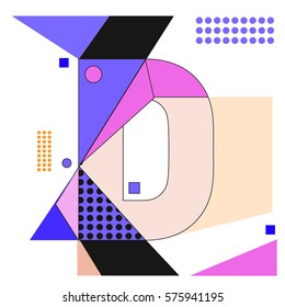 Vector Brochure design with letter D. Illustration background template for poster. Fun Holiday business catalog and magazine cover. Memphis style design visual presentation graphic elements.