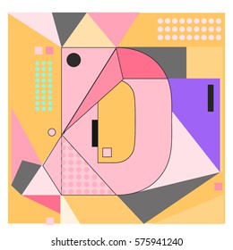 Vector Brochure design with letter D. Illustration background template for poster. Fun Holiday business catalog and magazine cover. Memphis style design visual presentation graphic elements.