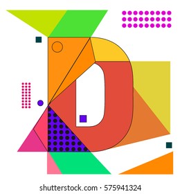 Vector Brochure design with letter D. Illustration background template for poster. Fun Holiday business catalog and magazine cover. Memphis style design visual presentation graphic elements.