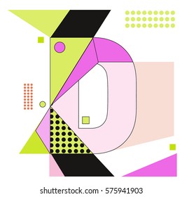 Vector Brochure design with letter D. Illustration background template for poster. Fun Holiday business catalog and magazine cover. Memphis style design visual presentation graphic elements.