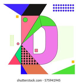 Vector Brochure design with letter D. Illustration background template for poster. Fun Holiday business catalog and magazine cover. Memphis style design visual presentation graphic elements.
