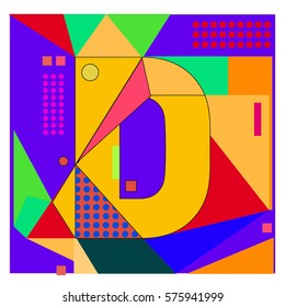 Vector Brochure design with letter D. Illustration background template for poster. Fun Holiday business catalog and magazine cover. Memphis style design visual presentation graphic elements.