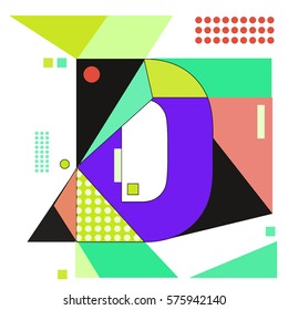 Vector Brochure design with letter D. Illustration background template for poster. Fun Holiday business catalog and magazine cover. Memphis style design visual presentation graphic elements.