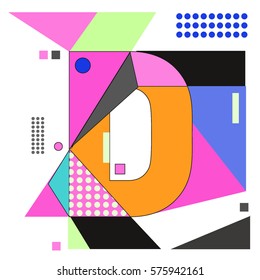 Vector Brochure design with letter D. Illustration background template for poster. Fun Holiday business catalog and magazine cover. Memphis style design visual presentation graphic elements.