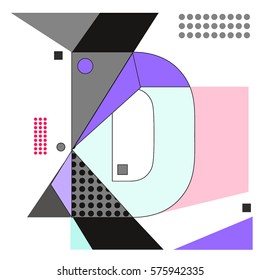 Vector Brochure design with letter D. Illustration background template for poster. Fun Holiday business catalog and magazine cover. Memphis style design visual presentation graphic elements.
