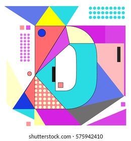 Vector Brochure design with letter D. Illustration background template for poster. Fun Holiday business catalog and magazine cover. Memphis style design visual presentation graphic elements.