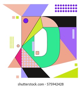 Vector Brochure design with letter D. Illustration background template for poster. Fun Holiday business catalog and magazine cover. Memphis style design visual presentation graphic elements.