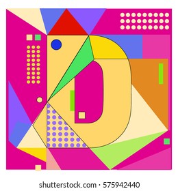 Vector Brochure design with letter D. Illustration background template for poster. Fun Holiday business catalog and magazine cover. Memphis style design visual presentation graphic elements.