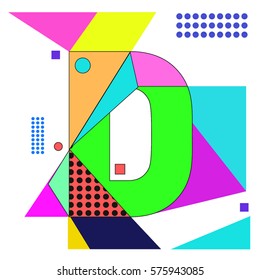 Vector Brochure design with letter D. Illustration background template for poster. Fun Holiday business catalog and magazine cover. Memphis style design visual presentation graphic elements.