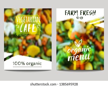 Vector brochure design template with blur background with vegetables and eco labels. Healthy fresh food, vegetarian and eco concept. Can be used for presentation, web, flyer, magazine, cover, poster. 