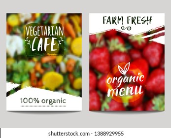 Vector Brochure Design Template With Blur Background Vegetables, Fruits And Eco Labels. Healthy Fresh Food, Vegetarian, Eco Concept. Can Be Used For Presentation, Web, Flyer, Magazine, Cover, Poster