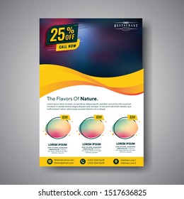 Vector brochure design template with blur background with fruits and strawberry. Healthy fresh food, vegetarian and eco concept. Can be used for presentation, web, flyer, magazine, cover, poster. - Ve