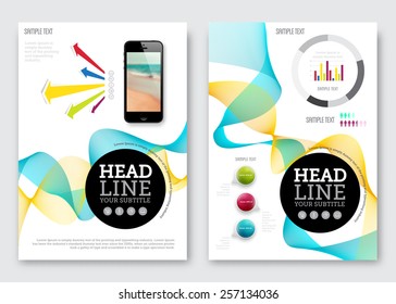 Vector brochure design template. Business background, mobile technologies, infographic elements, wavy lines. Flyer, poster, banner design. A4 size.