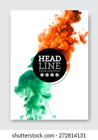 Vector brochure design template. Business abstract background with liquid colorful ink cloud. Flyer, poster, banner, cover design. A4 size. Clouds can be easily repositioned and resized.