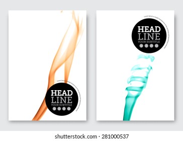 Vector brochure design template. Business abstract background with wavy color smoke clouds. Flyer, poster, banner, cover, web design. A4 size. Easy resize and reposition smoke elements.