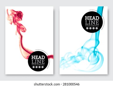 Vector brochure design template. Business abstract background with wavy color smoke clouds. Flyer, poster, banner, cover, web design. A4 size. Easy resize and reposition smoke elements.