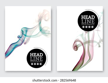 Vector brochure design template. Business abstract background with wavy color clouds. Flyer, poster, banner, cover design. A4 size. Easy resize and reposition smoke elements.