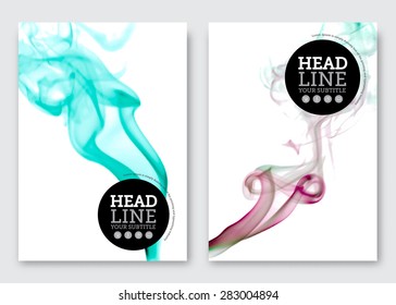 Vector brochure design template. Business abstract background with wavy color clouds. Flyer, poster, banner, cover design. A4 size. Easy resize and reposition smoke elements.