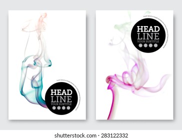 Vector brochure design template. Business abstract background with wavy color clouds. Flyer, poster, banner, cover design. A4 size. Easy resize and reposition smoke elements.