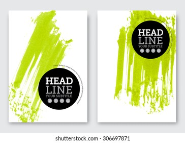 Vector brochure design template. Business abstract background with watercolor stains. Flyer, poster, banner, cover design. A4 size. Complete texture inside clipping mask.