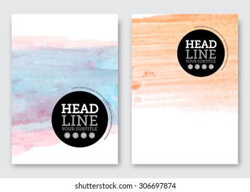 Vector brochure design template. Business abstract background with watercolor stains. Flyer, poster, banner, cover design. A4 size. Complete texture inside clipping mask.