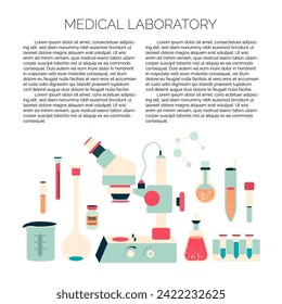 Vector brochure design template of medical laboratory with chemical elements like microscope, pills, flask and other scientific equipment