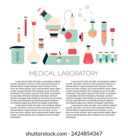 Plantilla de diseño de folleto vectorial de laboratorio médico con elementos químicos como microscopio, píldoras, matraz y otros equipos científicos