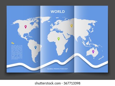Vector brochure design template with world map and geotags pointing on continents